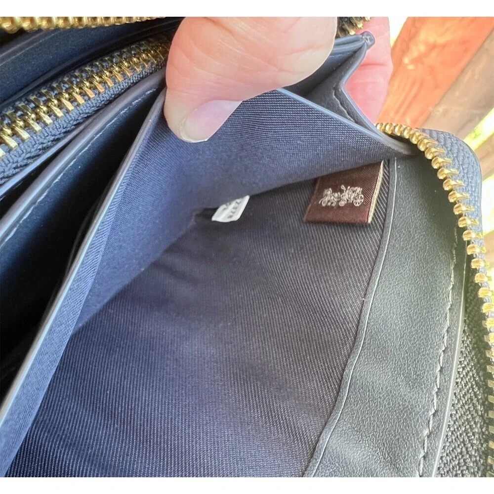 COACH Long Zip-Around Wallet Navy Blue Pebble Leather Silver Hardware AUTHENTIC